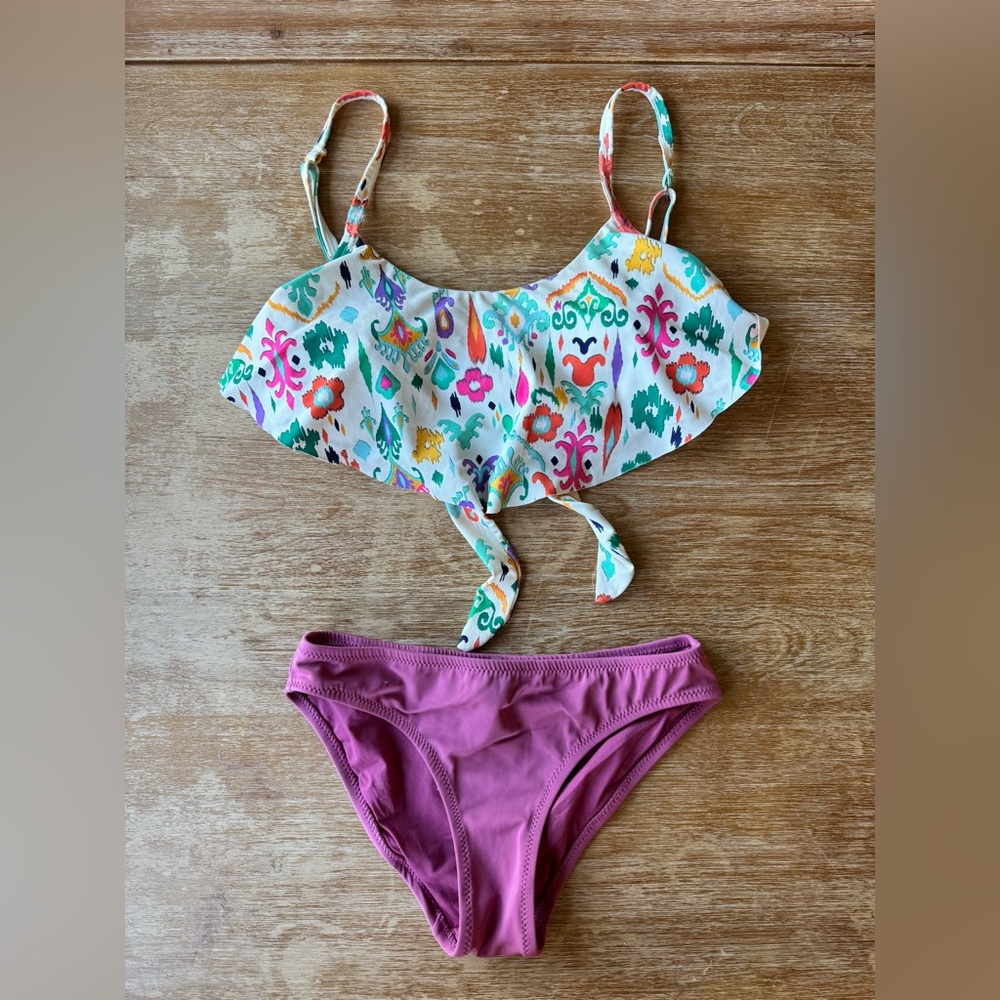 NWOT PENTI Girls’ Floral Field Green Flounced Halter M Bikini Swim Sets